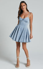 Amalie The Label - Caraline Recycled Cotton A Line Mini Dress in Light Blue Wash