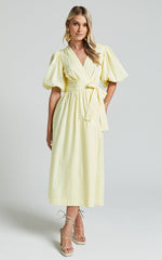 Amalie The Label - Franc Linen Puff Sleeve Wrap Midi Linen Dress in Lemon