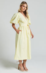 Amalie The Label - Franc Linen Puff Sleeve Wrap Midi Linen Dress in Lemon