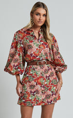 Amalie The Label - Hanae Linen Blend Collared Button Through Puff Sleeve Shirt in Musee Print