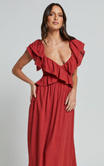 Amalie The Label - Marisole Linen Blend Frill Detail Backless Midi Dress in Burnt Sienna