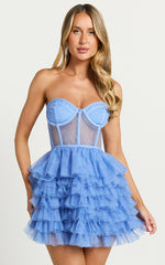 Amalie The Label - Meredith Strapless Tulle Tiered Bustier Mini Dress in Blue