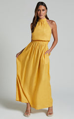 Amalie The Label - Shepard Linen Blend Halter Neck Maxi Dress in Yellow