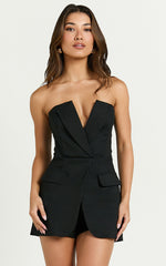 Amari Playsuit - Strapless Faux Suit Playsuit in Black