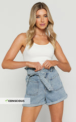 Amber Shorts - Recycled Cotton Denim Shorts with Paper Bag Waist in Light Blue Wash