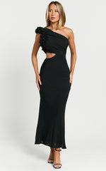 Anessa Midi Dress - One Shoulder Ruffle Detail Side Cut Out Dress in Black