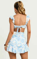 Anisha Mini Dress - Flutter Sleeve Straight Neck With Tie Back Dress in Blue Floral Print