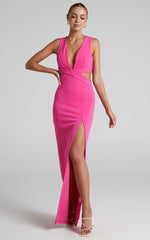 Anjie Midi Dress - Plunge Neck Cross Back Cut Out Dress in Fuchsia