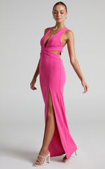 Anjie Midi Dress - Plunge Neck Cross Back Cut Out Dress in Fuchsia
