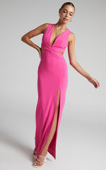 Anjie Midi Dress - Plunge Neck Cross Back Cut Out Dress in Fuchsia