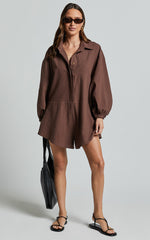 Anka Playsuit - Relaxed Button Front Shirt Playsuit in Chocolate