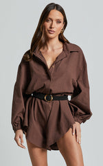 Anka Playsuit - Relaxed Button Front Shirt Playsuit in Chocolate