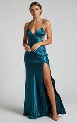 Anneke Maxi Dress - V Neck Open Back Bias Cut Dress in Petrol Green