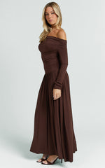 Antonia Midi Dress - Off The Shoulder Long Sleeve Dress in Brown