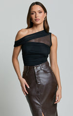 Aria Top - One Shoulder Contrast Organza Top in Black