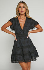Ariana Mini Dress - V Neck Flutter Sleeve A Line in Black