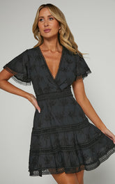 Ariana Mini Dress - V Neck Flutter Sleeve A Line in Black