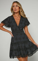 Ariana Mini Dress - V Neck Flutter Sleeve A Line in Black