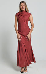 Arielle Maxi Linen Blend Dress - High Neck Thigh Split Slip Dress in Rust
