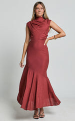 Arielle Maxi Linen Blend Dress - High Neck Thigh Split Slip Dress in Rust