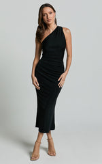 Arietty Midi Dress - One Shoulder Asymmetrical Ruched Dress in Black