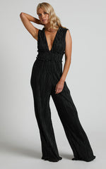 Armida Jumpsuit - Plunge Neck Wide Leg Plisse Jumpsuit in Black