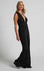 Armida Jumpsuit - Plunge Neck Wide Leg Plisse Jumpsuit in Black