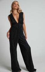 Armida Jumpsuit - Plunge Neck Wide Leg Plisse Jumpsuit in Black