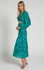 Artola Midi Dress - Front Cut Out Long Sleeve Dress in Green Blur Floral