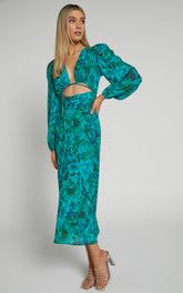 Artola Midi Dress - Front Cut Out Long Sleeve Dress in Green Blur Floral
