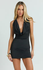 Ashlee Mini Dress - Halter Cowl Neck Bodycon Dress in Black