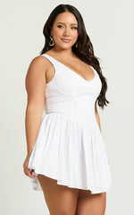 Ashlyn Mini Dress - Scoop Neck V Waist Gathered Dress in White