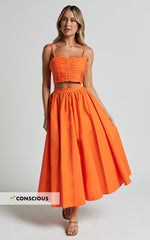 Astrid Two Piece Set - Ruched Chest Top and Midi Skirt Set in Orange