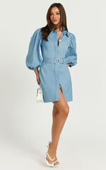 Aubrie Mini Dress - Blouson Sleeve Button Through Belted Dress with Hardware Detail in Light Blue
