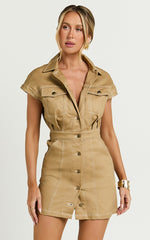 Audette Mini Dress -Short Sleeve Button Through Dress in Brown