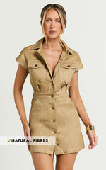 Audette Mini Dress -Short Sleeve Button Through Dress in Brown