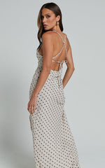 Audrey Midi Dress - V Neck Cross Back Slip Dress in Cream / Brown Geo