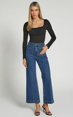 Audrey Top - Long Sleeve Square Neck Ruched Bodice in Black