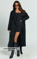 Avah Trench Coat - Double Breasted Tie Waist Coat in Black