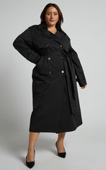 Avah Trench Coat - Double Breasted Tie Waist Coat in Black