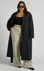 Avah Trench Coat - Double Breasted Tie Waist Coat in Black