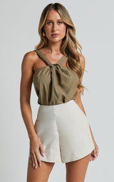 Avayah Top - Linen Twist Halter Neck in Dark Olive