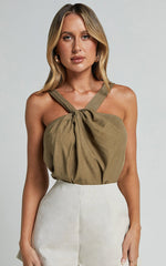 Avayah Top - Linen Twist Halter Neck in Dark Olive