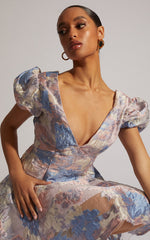 Brailey Jacquard Mini Dress - Puff Sleeve Dress in Blue
