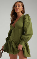 Carlyle Mini Dress - Long Sleeve Corset Dress in Khaki