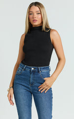 Barbara Top - High Neck Sleeveless With Side Split Top in Black