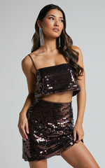 Barlyn Mini Skirt - High Waisted Aline Flat Sequin Skirt in Chocolate