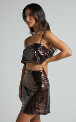 Barlyn Mini Skirt - High Waisted Aline Flat Sequin Skirt in Chocolate