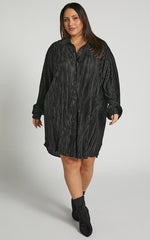 Beca Mini Dress - Crinkle Button Up Shirt Dress with Buckle Hardware Detail in Black