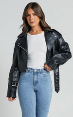 Bertha Jacket - Faux Leather Biker Jacket in Black
